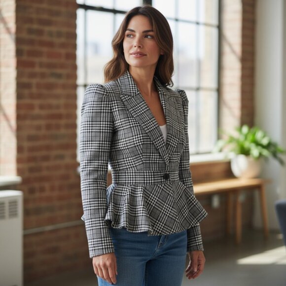 Michael Kors Collection Jackets & Blazers - DESIGNER MICHAEL KORS COLLECTION GREY PLAID PRINT PEPLUM VIRGIN WOOL BLAZER 10.R